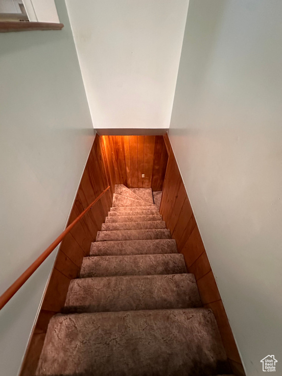 Stairway featuring wooden walls