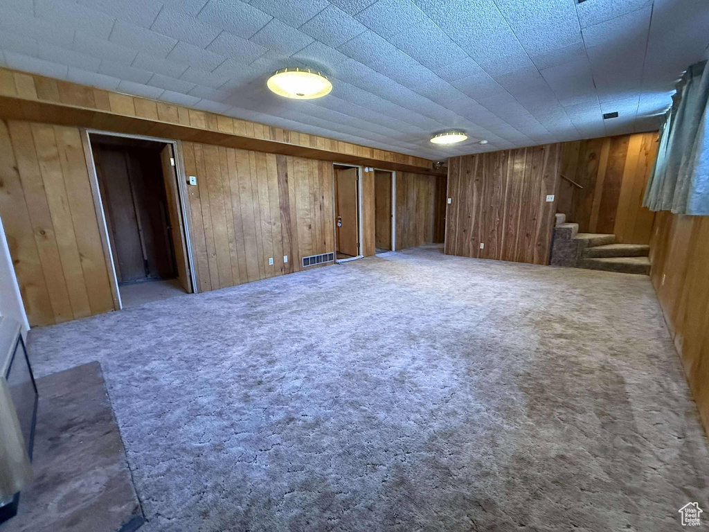 Interior space featuring wooden walls and carpet floors