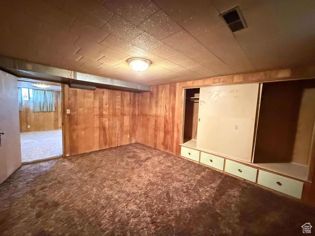 Basement featuring wood walls and carpet floors