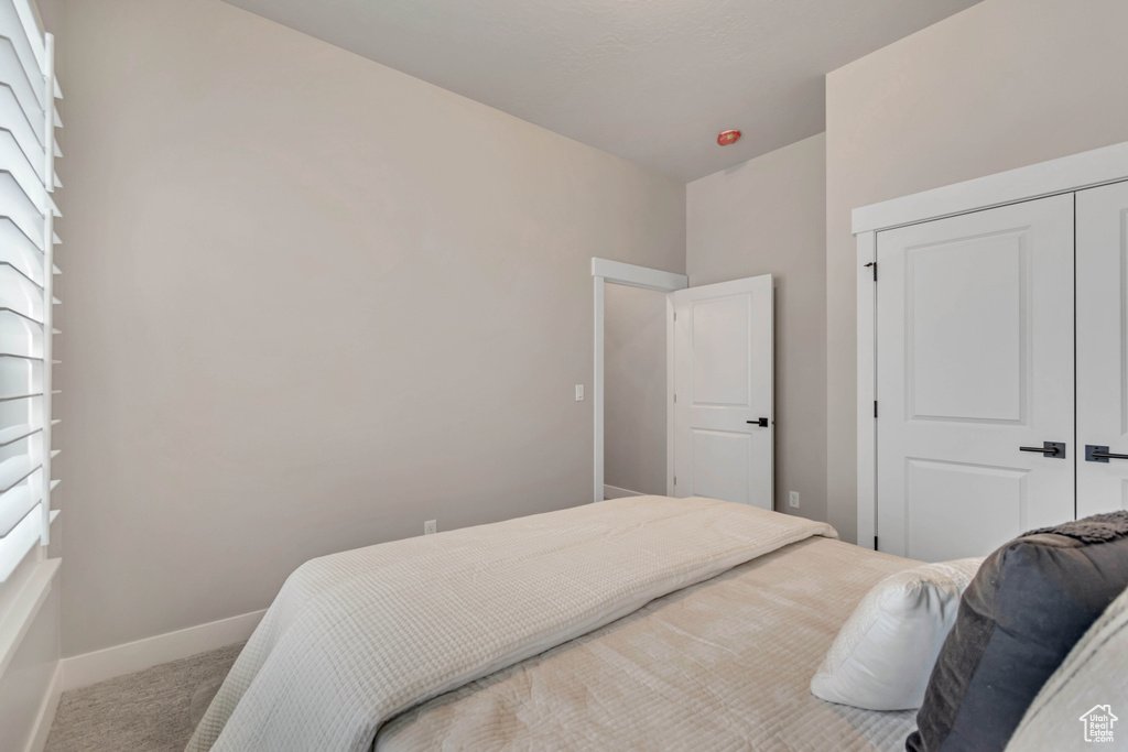 Carpeted bedroom featuring a closet and baseboards