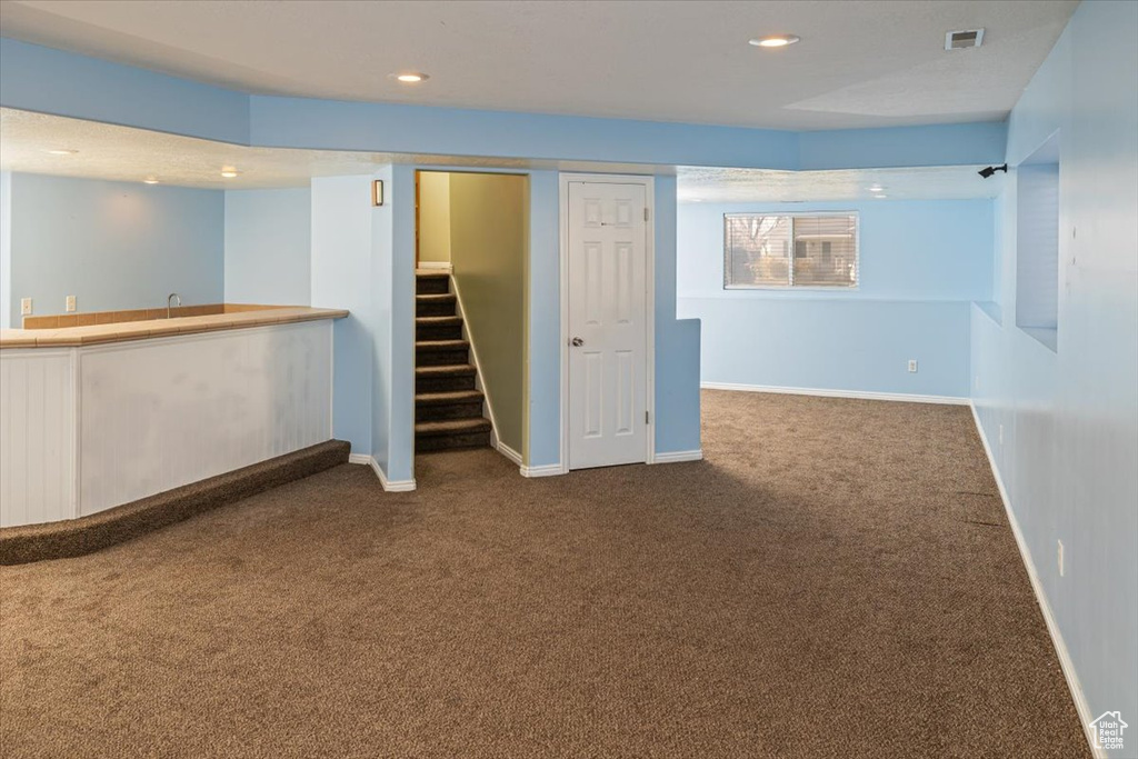 Basement featuring carpet flooring and bar