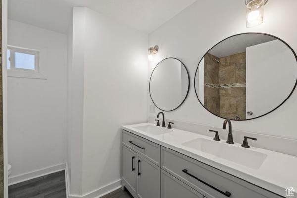 Bathroom with hardwood / wood-style floors and vanity