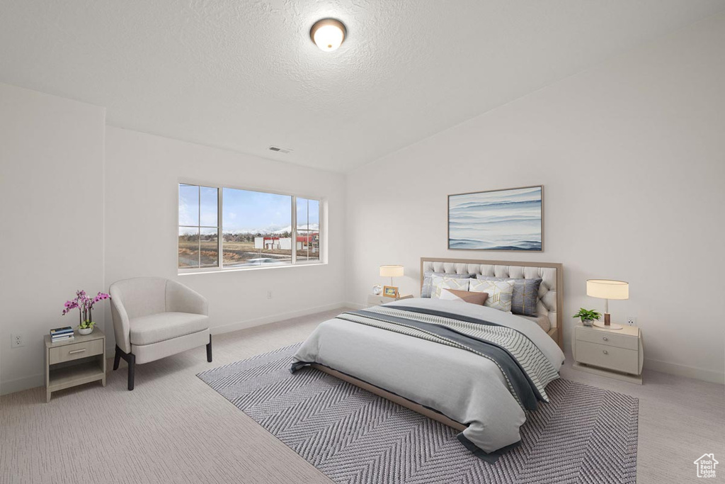 Carpeted bedroom featuring vaulted ceiling, a textured ceiling, and baseboards