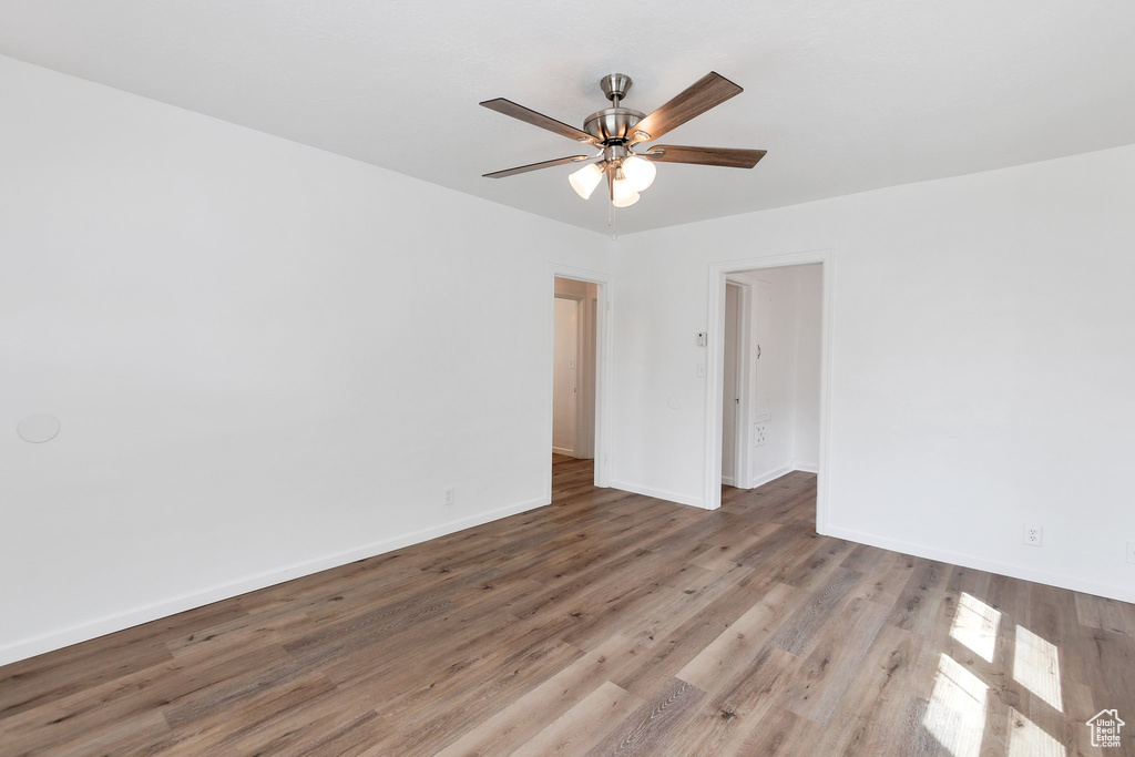 Unfurnished room with ceiling fan and light wood-type flooring