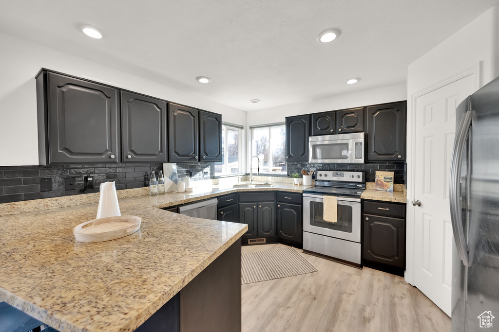 Kitchen with sink, light hardwood / wood-style flooring, decorative backsplash, kitchen peninsula, and stainless steel appliances