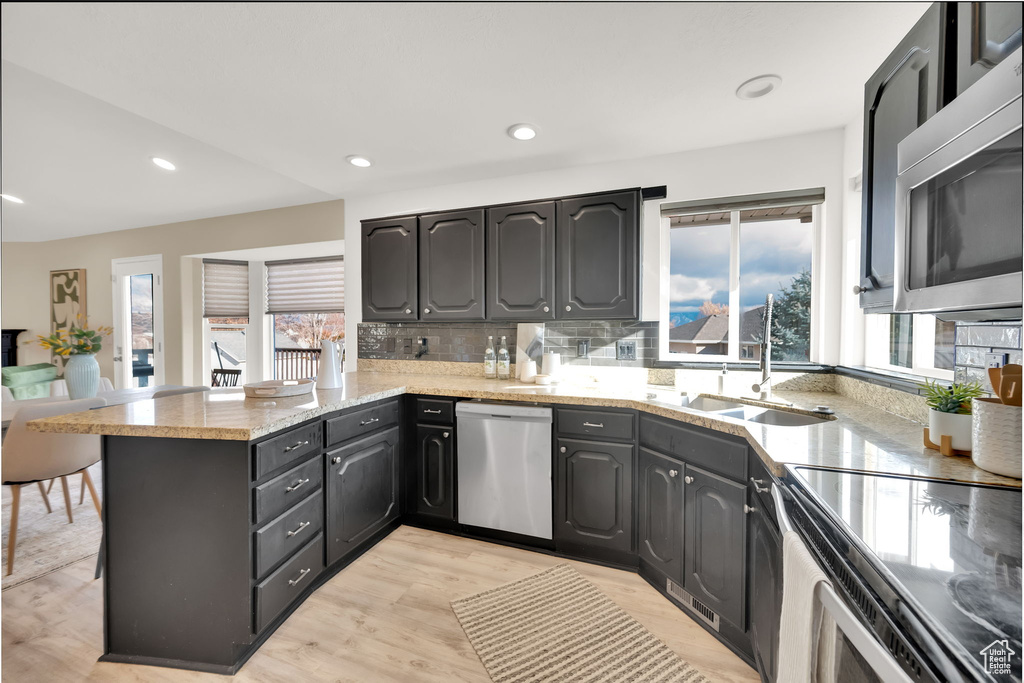 Kitchen featuring sink, stainless steel appliances, tasteful backsplash, kitchen peninsula, and light hardwood / wood-style floors