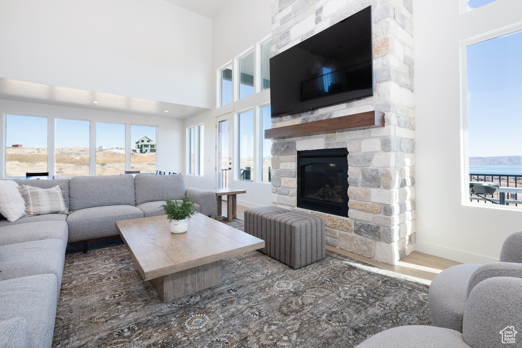 Living room with a fireplace, a towering ceiling, and wood-type flooring