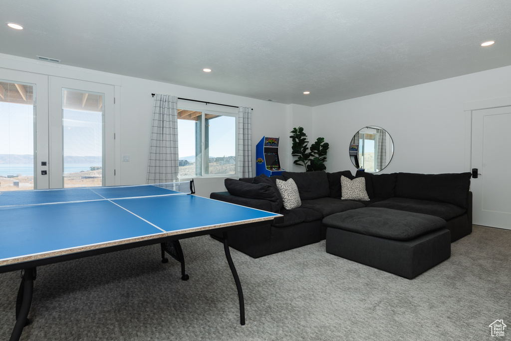 Recreation room with light colored carpet
