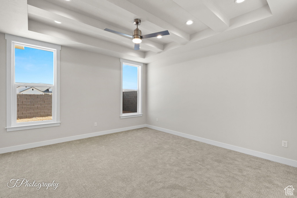 Spare room featuring recessed lighting, carpet, beam ceiling, baseboards, and ceiling fan