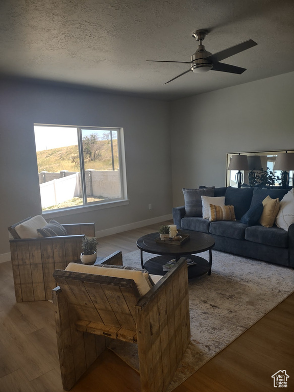 Living room with wood finished floors, a ceiling fan, and a textured ceiling