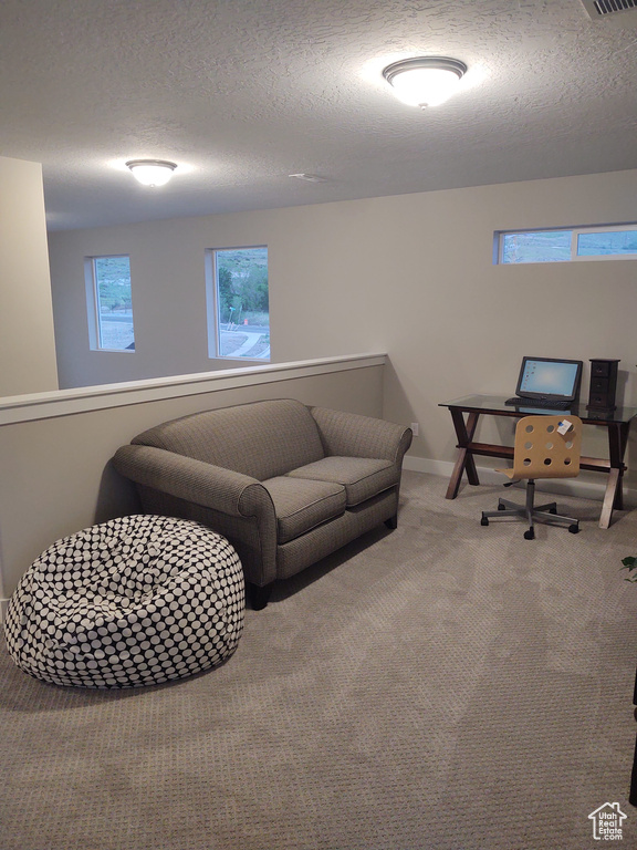 Interior space featuring multiple windows and a textured ceiling