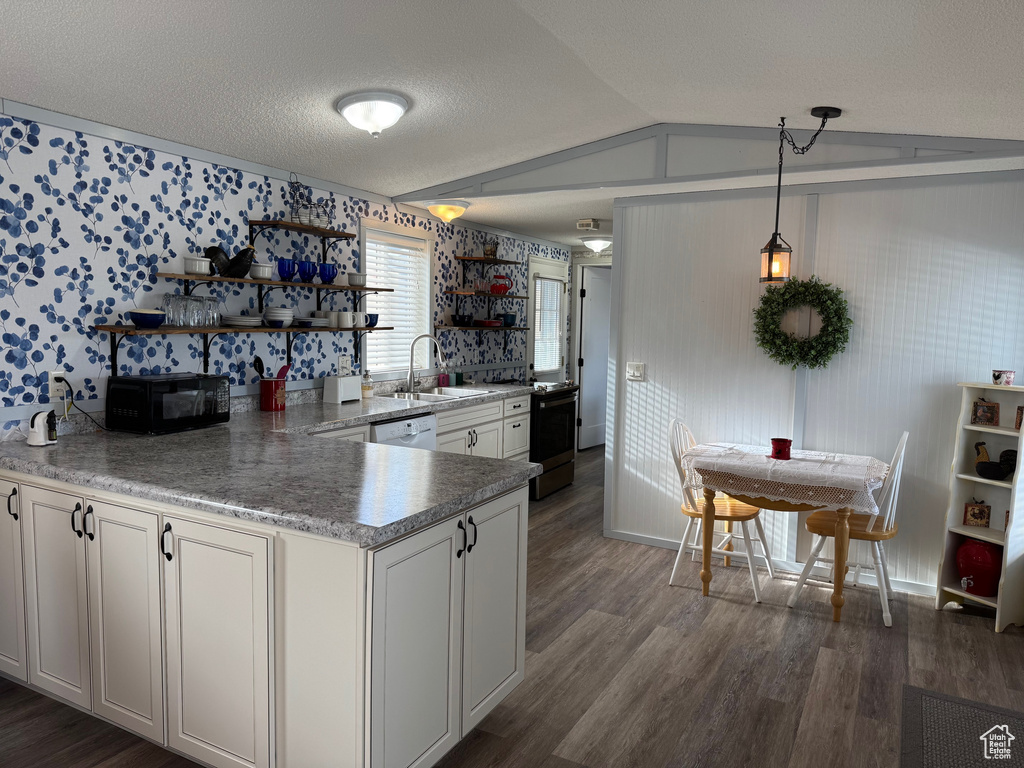 Kitchen with dark hardwood / wood-style flooring, white cabinetry, hanging light fixtures, and lofted ceiling