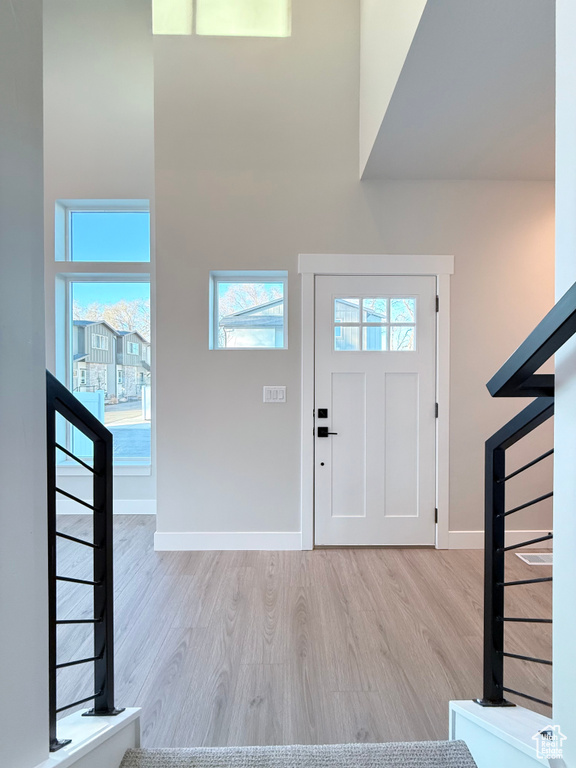 Foyer featuring a wealth of natural light and light hardwood / wood-style flooring