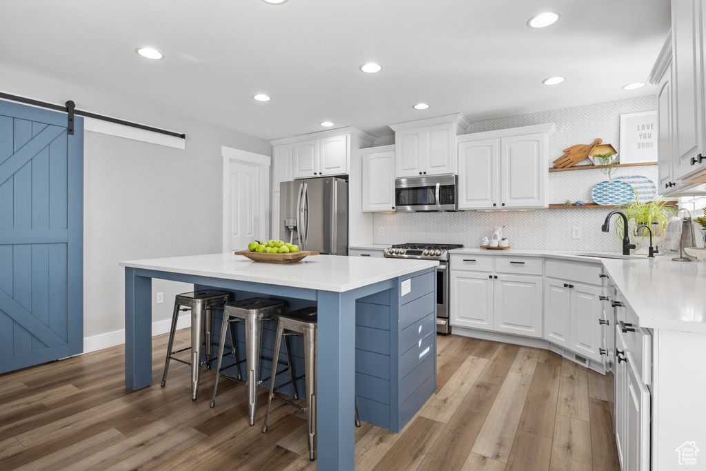 Kitchen with a barn door, white cabinetry, a center island, and stainless steel appliances