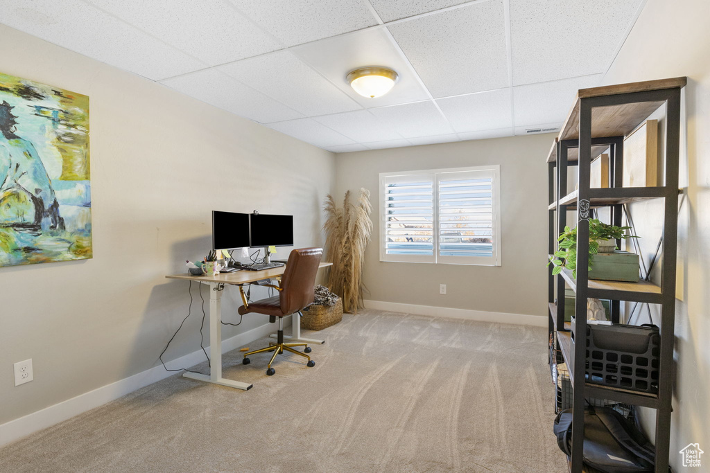 Carpeted home office with a drop ceiling