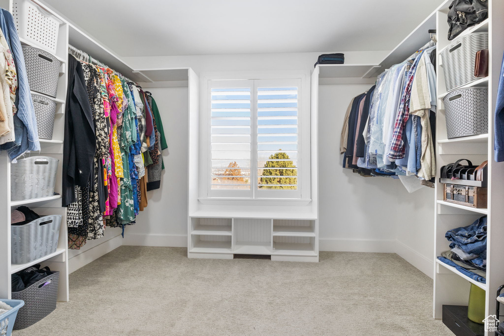 Walk in closet with light carpet