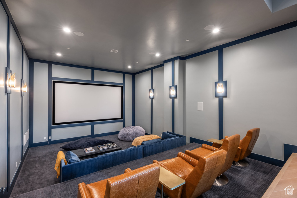 Cinema room featuring dark colored carpet