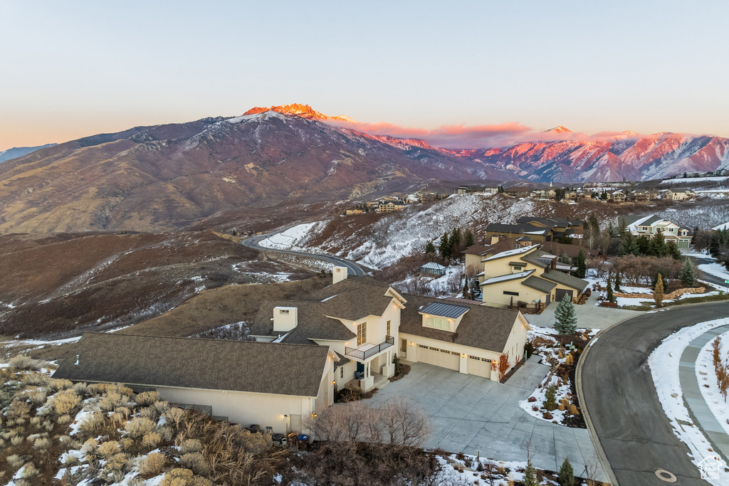 Aerial view at dusk of a mountain view