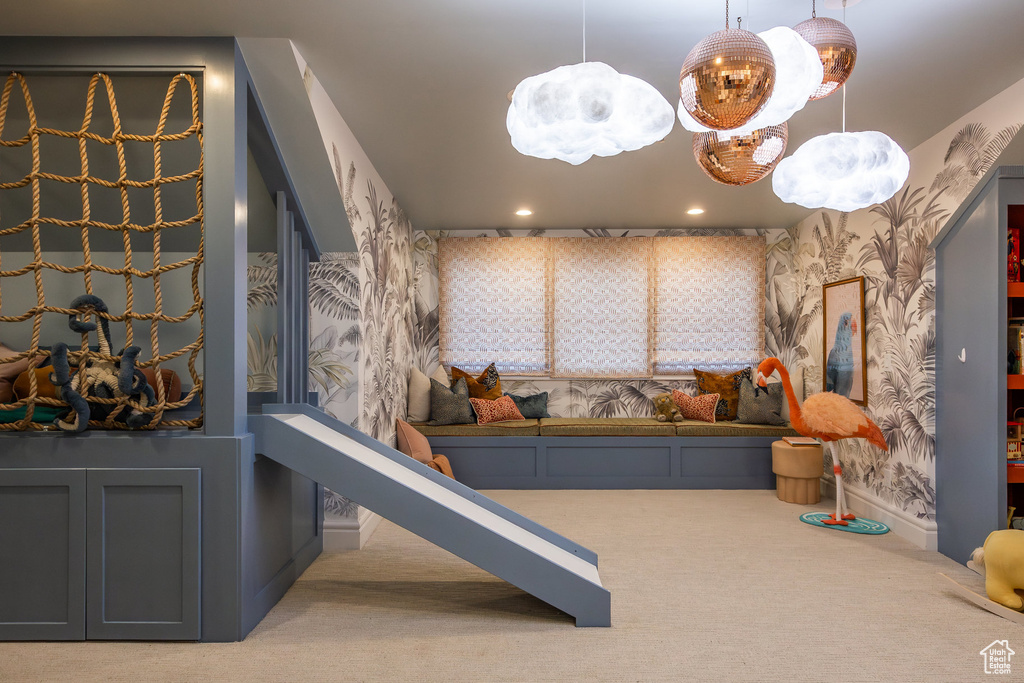 Playroom with light colored carpet