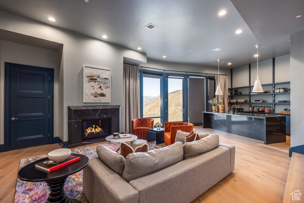 Living room featuring a mountain view, sink, light hardwood / wood-style flooring, and a premium fireplace