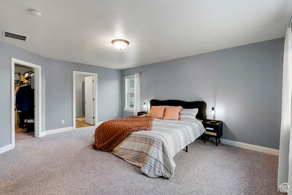 Carpeted bedroom featuring a walk in closet and a closet