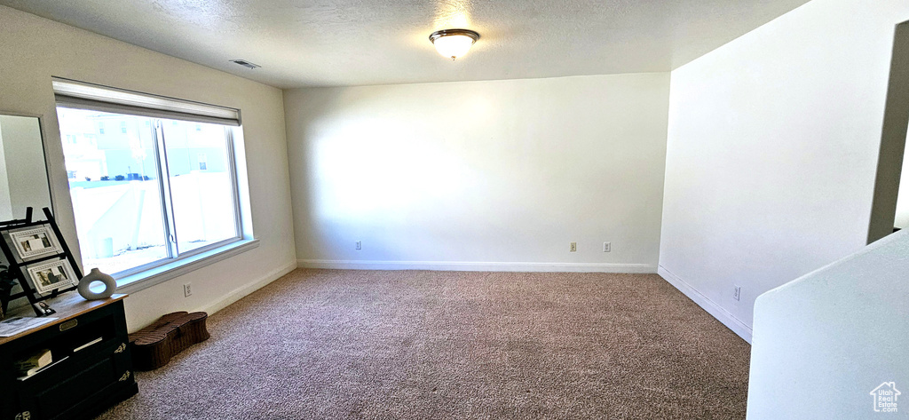 Carpeted spare room with a textured ceiling, visible vents, and baseboards