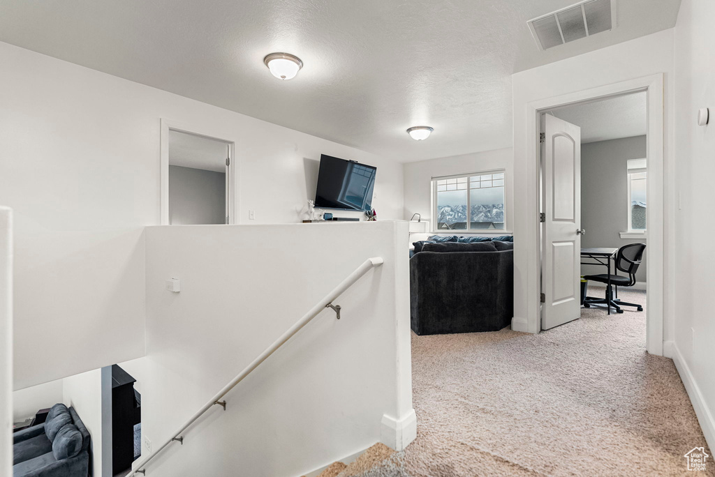 Hallway with a textured ceiling and carpet floors
