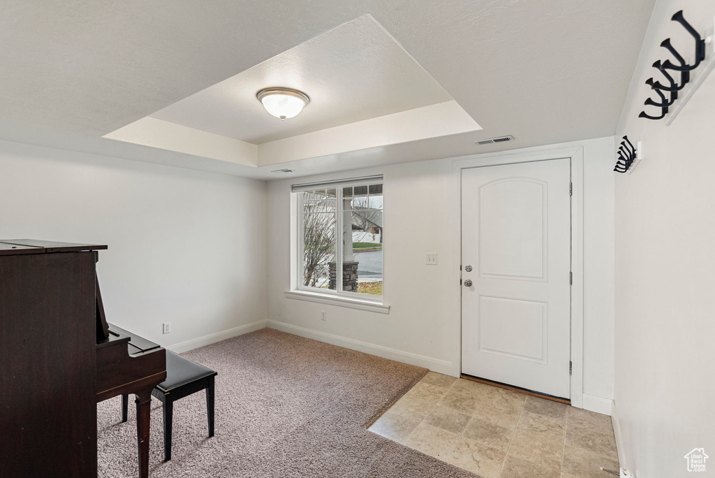 Carpeted foyer entrance with a raised ceiling