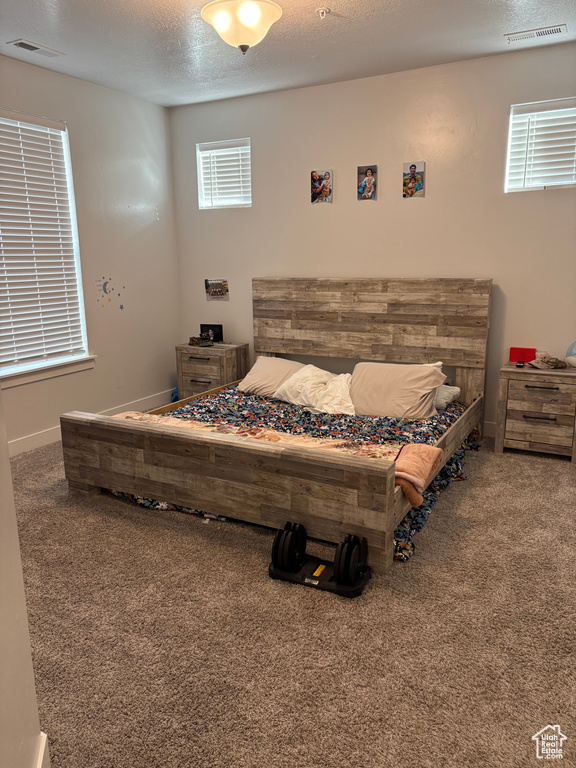 Carpeted bedroom with a textured ceiling