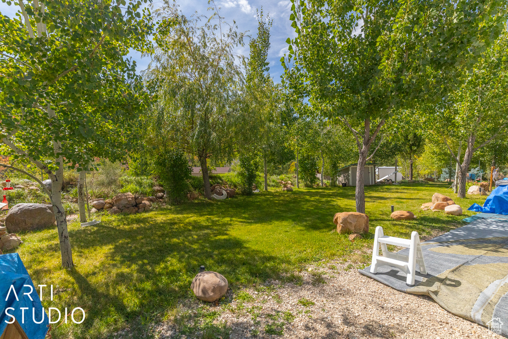 View of green lawn featuring view of scattered trees