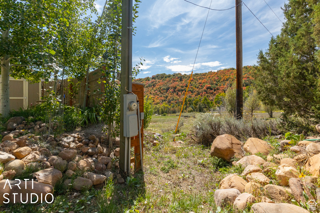 View of yard with fence and a forest view