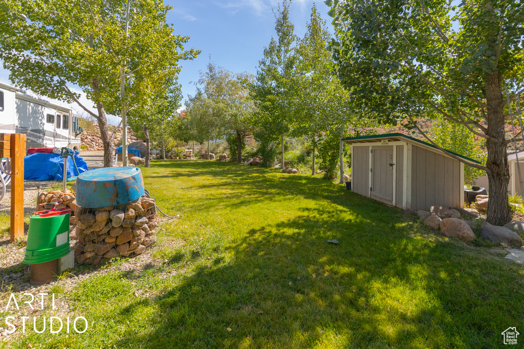 View of green lawn with a storage shed and an outdoor structure
