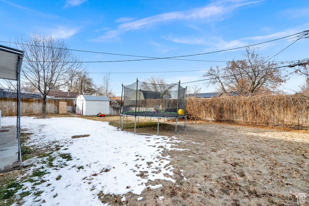 Yard layered in snow with a storage shed and a trampoline