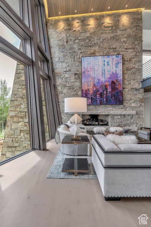 Living area featuring wood ceiling, recessed lighting, and wood finished floors
