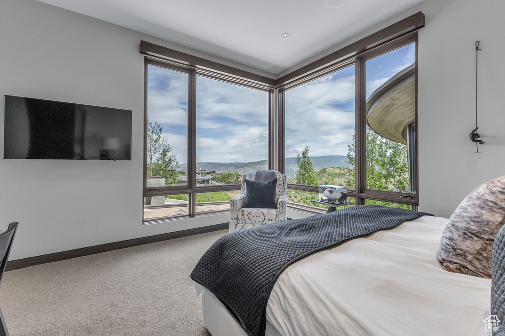 Bedroom with multiple windows, carpet floors, and a mountain view