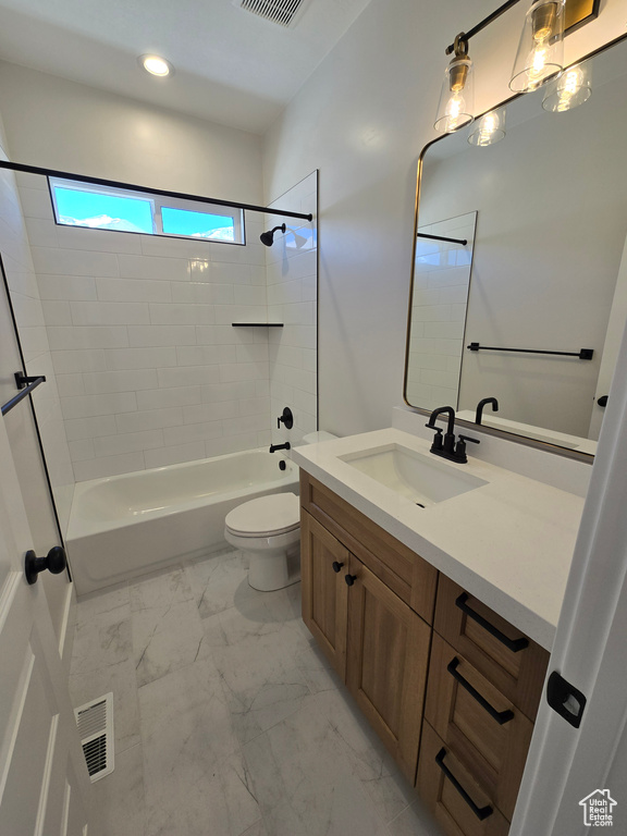 Full bath with toilet, shower / bathtub combination, marble finish floor, vanity, and visible vents