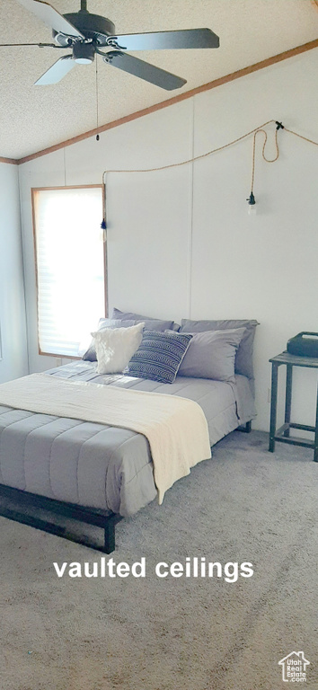 Carpeted bedroom with ceiling fan, crown molding, lofted ceiling, and a textured ceiling