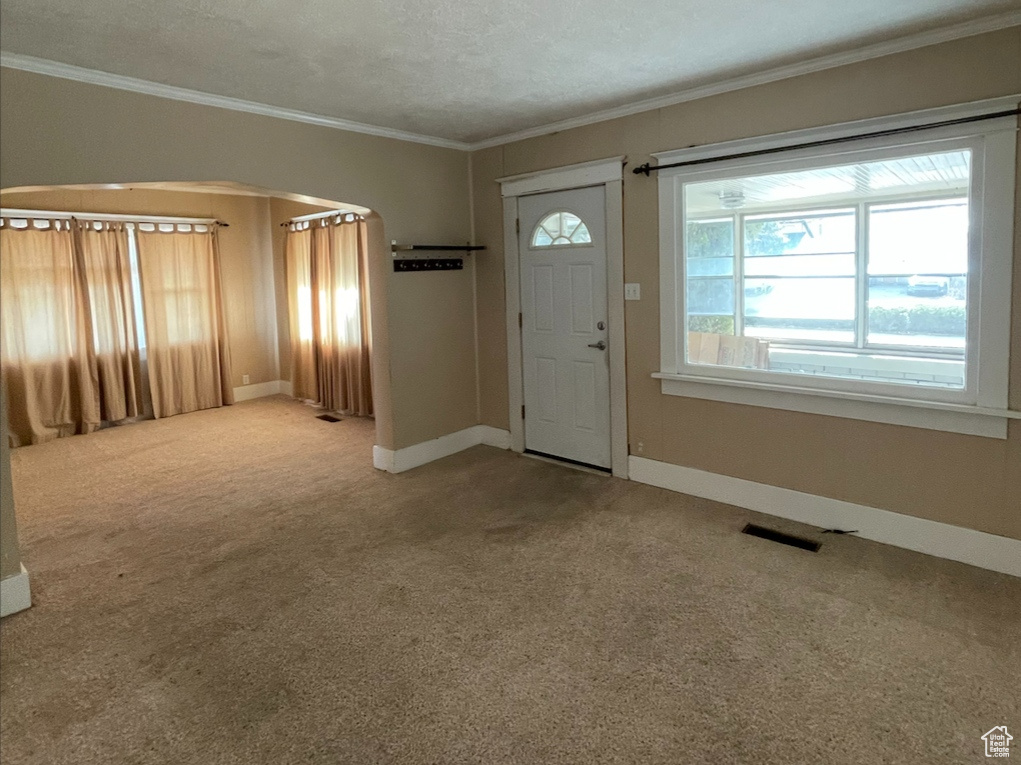 Carpeted entryway featuring a textured ceiling and ornamental molding