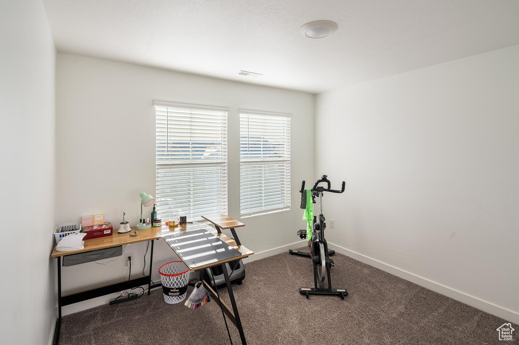 Exercise area featuring carpet floors