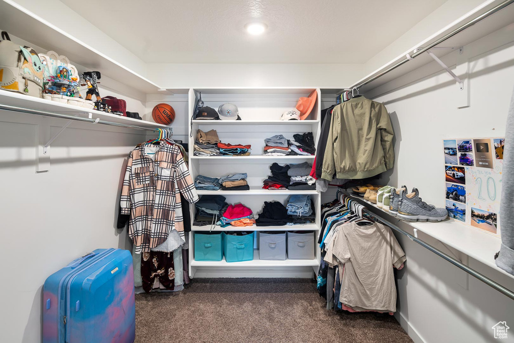 Spacious closet with dark carpet