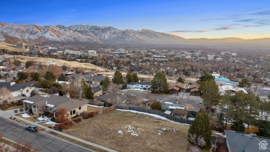 Aerial view at dusk with a mountain view