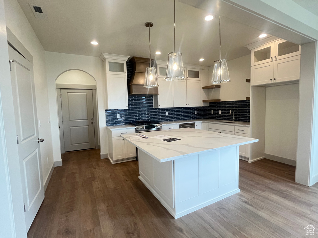 Kitchen with custom exhaust hood, baseboards, dark wood-type flooring, and a sink