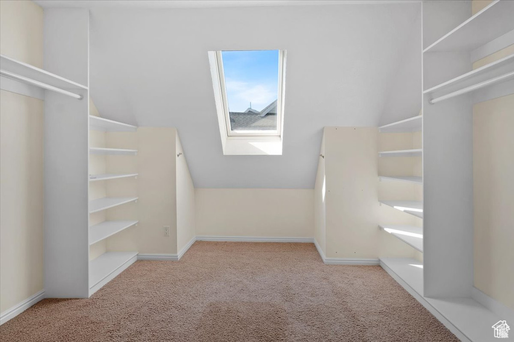 Spacious closet with light colored carpet and lofted ceiling with skylight