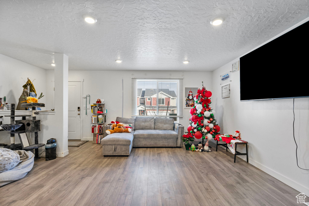 Living room with a textured ceiling and light wood-type flooring