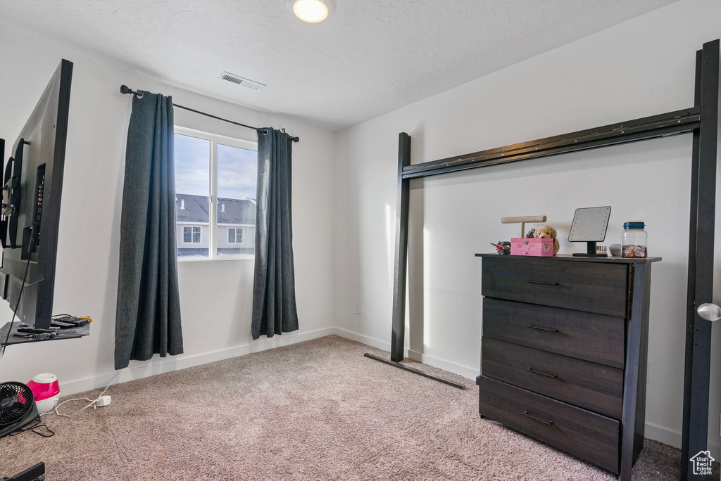 Carpeted bedroom featuring a textured ceiling