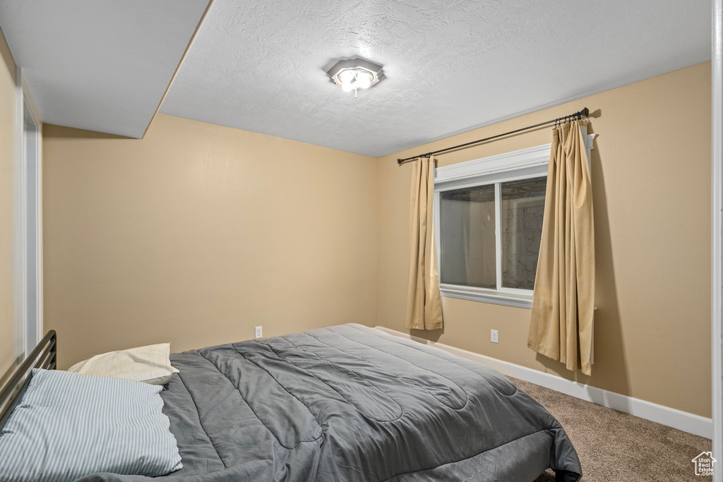 Bedroom featuring carpet flooring and a textured ceiling