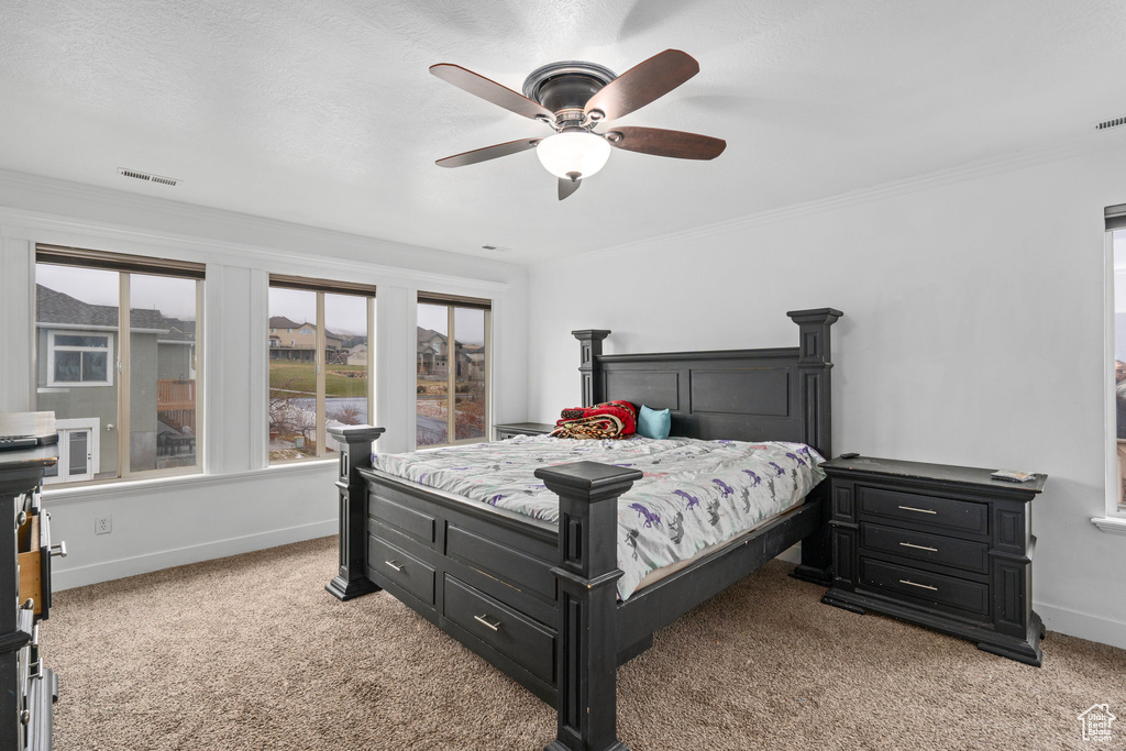 Bedroom featuring carpet flooring, ceiling fan, crown molding, and a textured ceiling