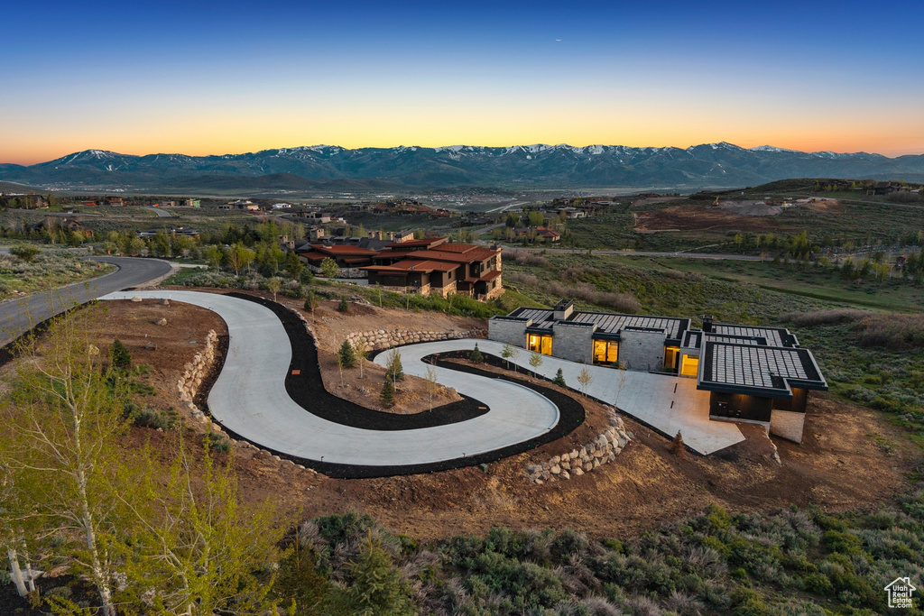 Aerial view at dusk of a mountain view