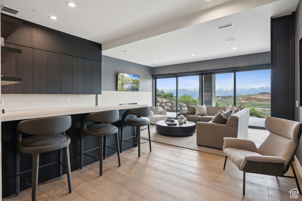 Living room featuring light wood-type flooring and recessed lighting