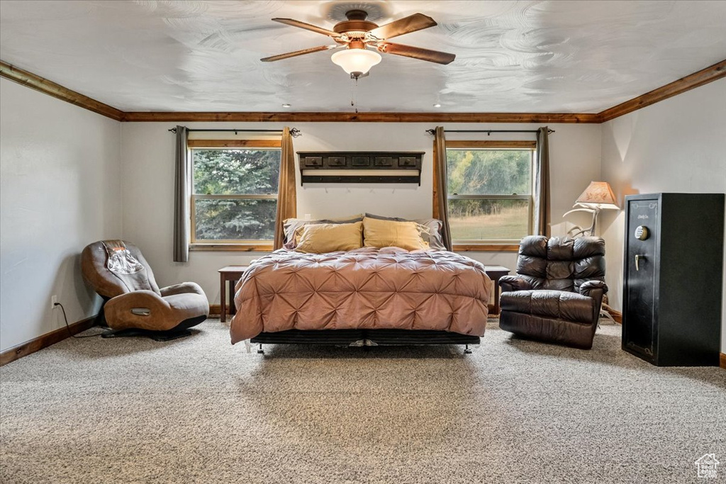 Bedroom featuring carpet flooring, ceiling fan, and ornamental molding
